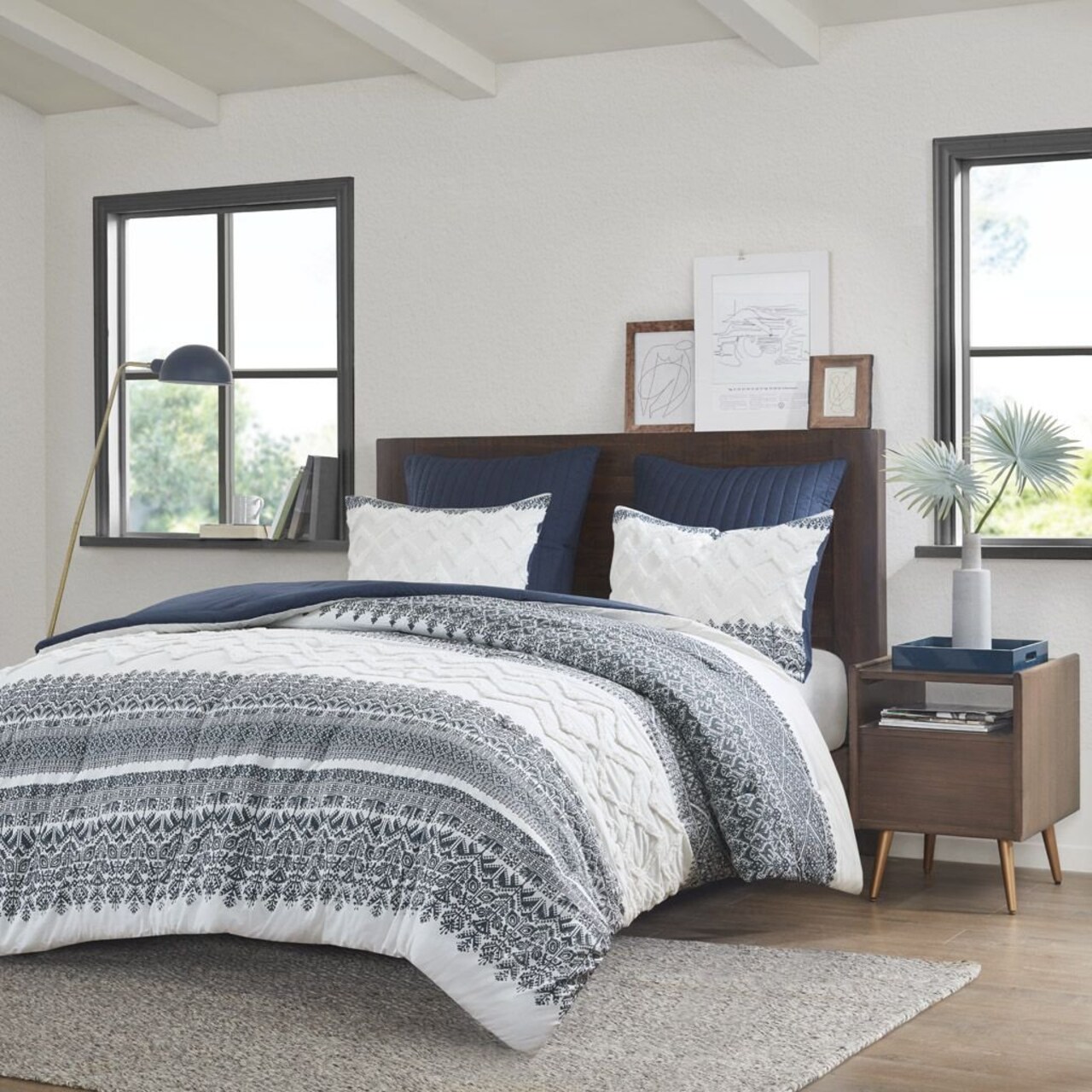 Edge Collections - 20" X 18" - Blue - INK+IVY Full/Queen Navy Cotton Comforter Set with Chenille Tufting - 3 Piece